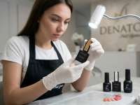 Profesjonalna stylistka paznokci analizuje skład żelu przed aplikacją w salonie